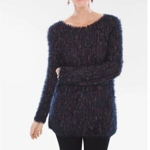 CHICOS Navy Blue Purple Marled Fuzzy Eyelash Boatneck Pullover Sweater Size XL